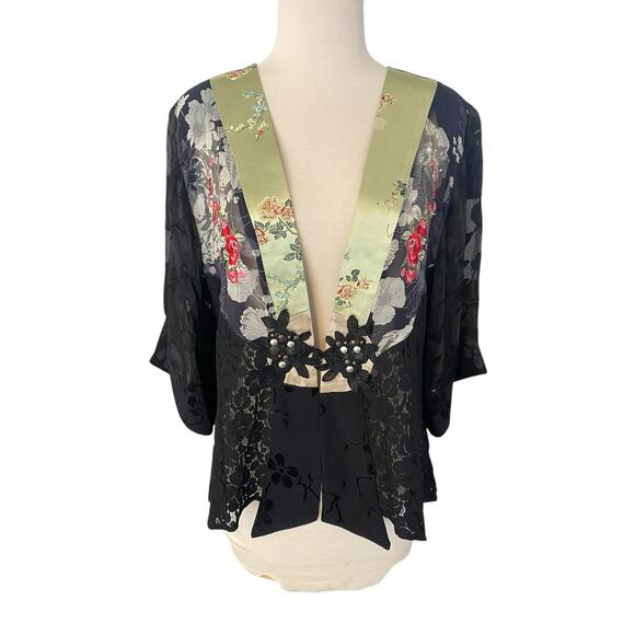 Spencer Alexis Tops - Spencer Alexis Blouse Jacket Womens Medium Black Mint Floral Metallic Lace Sheer